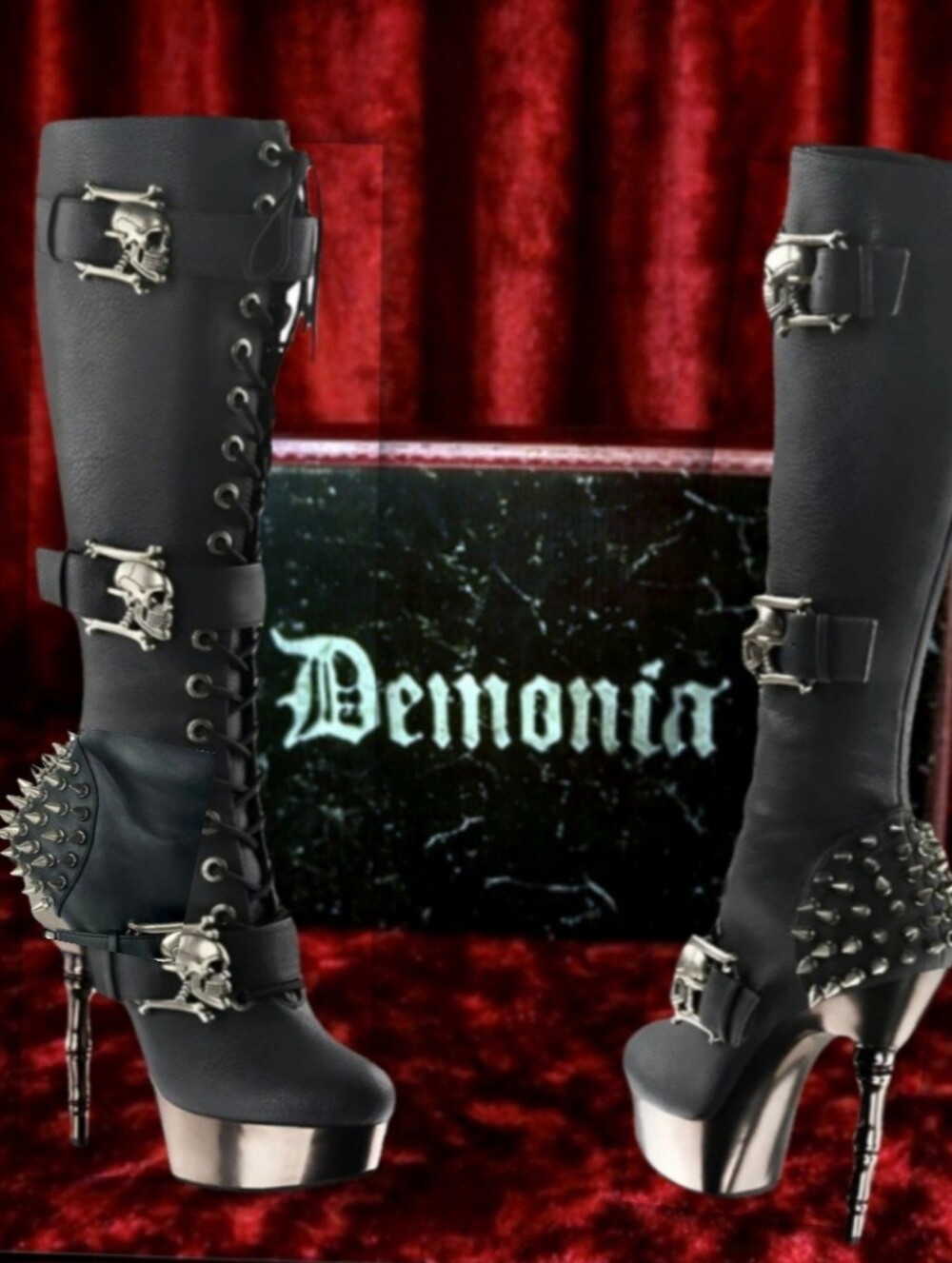 Demonia muerto 2028 chrome bone spiked heel skull buckle lace up boots 11 BNIB - Picture 6 of 17